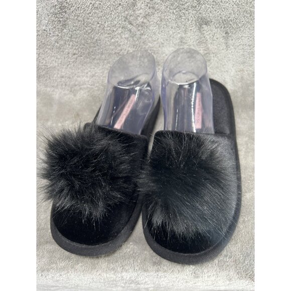 Victorias Secret Med Slippers Black Velour Pom Pom Slide Sandals 7 /8 Lingerie - Picture 1 of 8